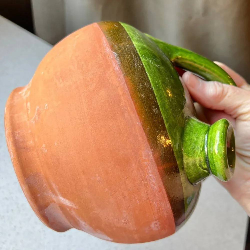 Handcrafted Green Glazed & Terracotta Clay French Gargoulette Confit Oil Jug